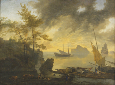 Adam Pynacker, Italienisches Küstenstück mit Frachtenseglern, Gemälde