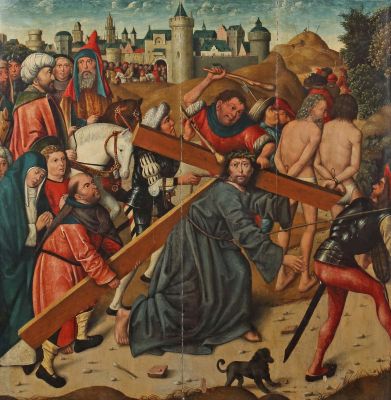 Niederrheinischer Meister des 15. Jahrhunderts, wohl Umkreis Derick Baegert, Simon von Zyrene hilft Christus das Kreuz tragen, Gemälde 