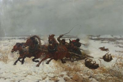 Das Gemälde "Wölfe attackieren eine Trokia" von Józef Marian Chelmonski wurde im Auktionshaus Yves Siebers in Stuttgart für 150.000 Euro versteigert.