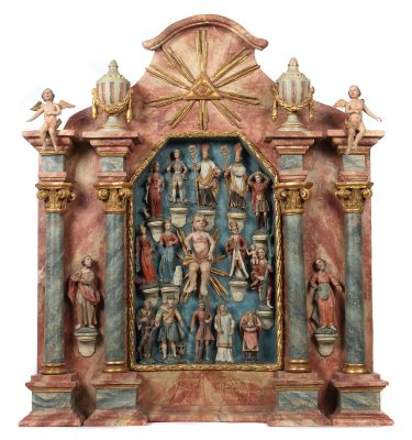 Figurenreicher Schnitzaltar, Süddeutschland, um 1800, religiöse Kunst