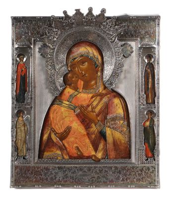 Ikone "Gottesmutter von Vladimir" mit Silberoklad, Russland, 19. Jahrhundert, religiöse Kunst