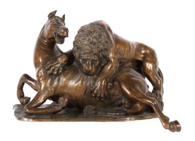 nach Antonio Susini, Werkstatt Giambologna, Lion attaquant le cheval", 19. Jahrhundert, Skulpturen