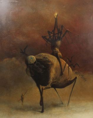 Zdzislaw Beksinski, Mystische Darstellung surrealer Tiergestalten und einer menschlichen Figur, moderne Gemälde