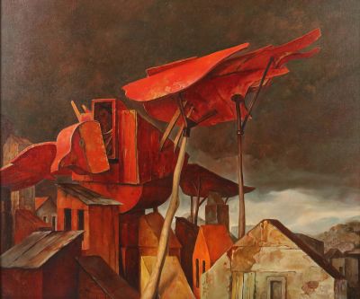 Samuel Bak, Red Bird, moderne Gemälde